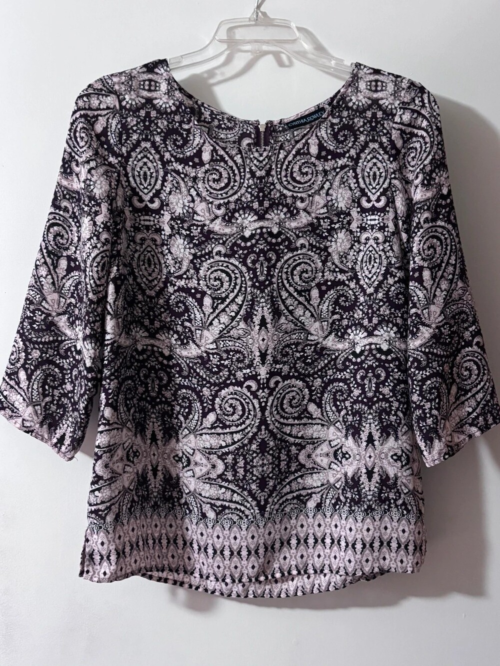 Cynthia Rowley Burgundy Maroon Paisley Border Print Zip Back Blouse M